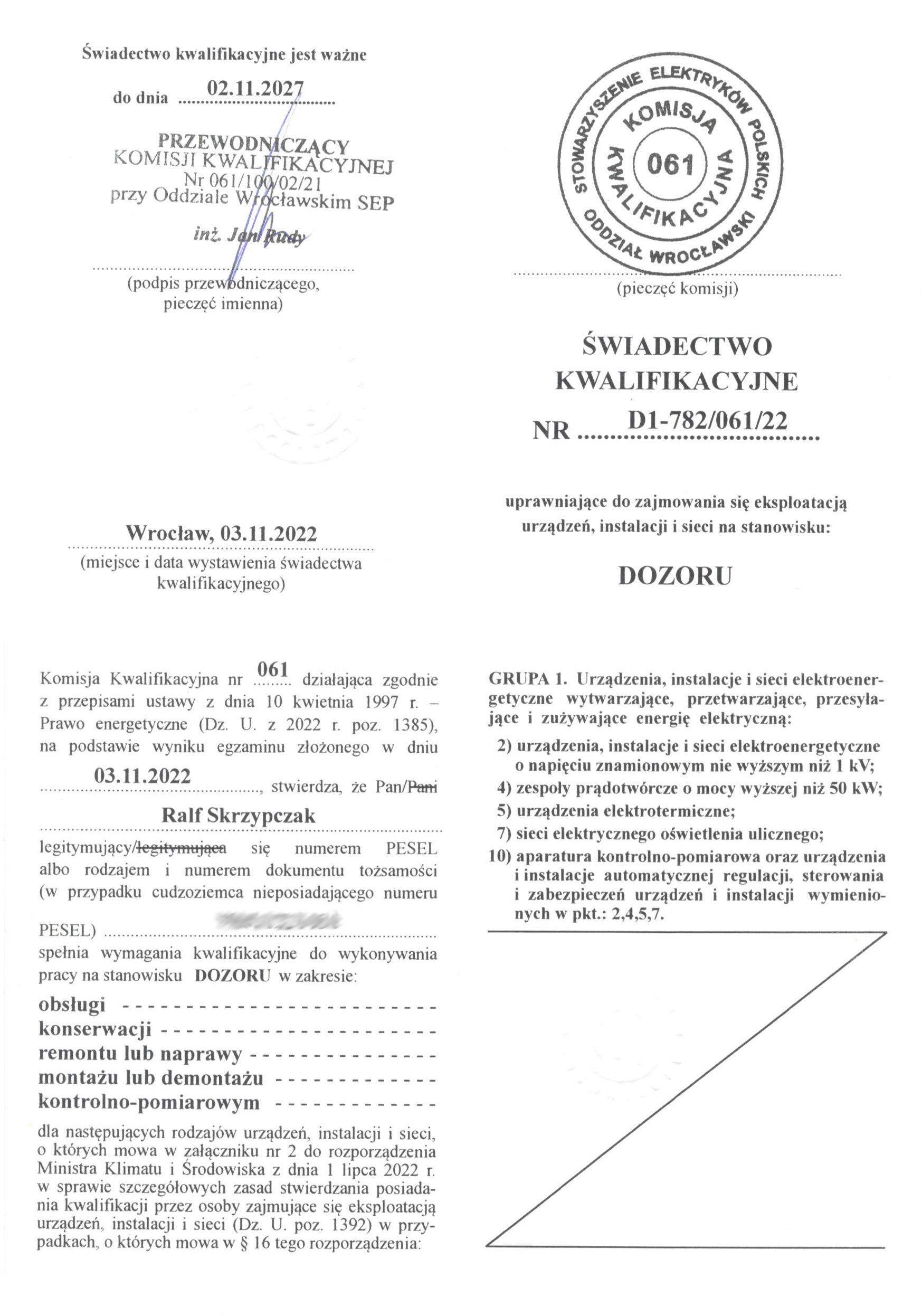 Uprawnienia elektryczne Dozór (D1)